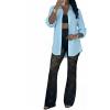 image:imageCHICME Womens Button Down Shirt Collared V Neck Long Sleeve Slit Side Long Blouse Top with Curved HemLighted Blue