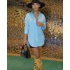 image:imageCHICME Womens Button Down Shirt Collared V Neck Long Sleeve Slit Side Long Blouse Top with Curved HemLighted Blue