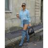 image:imageCHICME Womens Button Down Shirt Collared V Neck Long Sleeve Slit Side Long Blouse Top with Curved HemLighted Blue