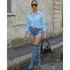 image:imageCHICME Womens Button Down Shirt Collared V Neck Long Sleeve Slit Side Long Blouse Top with Curved HemLighted Blue