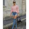 image:imageCHICME Womens Button Down Shirt Collared V Neck Long Sleeve Slit Side Long Blouse Top with Curved HemPink