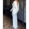 image:imageCHICME Womens Cowl Neck Ruched Slim Fit Maxi Dress Long Sleeve Backless Evening Wedding Guest Bodycon DressAwhite