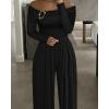 image:imageCHICME Womens Dressy Long Sleeve Jumpsuit Fall Off Shoulder Ruched Buckle Decor Cocktail Wide Leg JumpsuitAblack