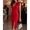 image:imageCHICME Womens Sexy V Neck Sleeveless Bowknot Decor Bodycon Midi Dress Side Slit Ruched Cocktail Party Wedding Guest DressAred