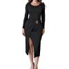 image:imageCHICME Womens Bodycon Midi Dress Long Sleeve Ruched Waist Slim Fit Slit Buckle Decor Dress Cocktail Party DressBlack