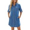 image:imageCHICME Womens Denim Shirt Dress Long Sleeve Button Down Jean Dress Casual Tunic Top with PocketsBlue