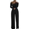 image:imageCHICME Womens Dressy Long Sleeve Jumpsuit Fall Off Shoulder Ruched Buckle Decor Cocktail Wide Leg JumpsuitAblack