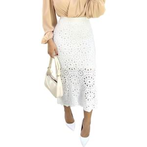 image:imageCHICME Casual Hollow Out Crochet Mid Calf Skirt for Women Elegant Eyelet Lace Casual High Waisted ALine SkirtWhite