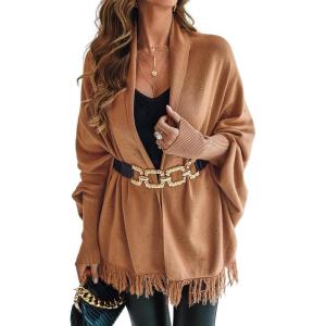 image:imageCHICME Solid Poncho Shawl Wraps Knitted Poncho Cardigan Warm Long Sleeve Cozy Versatile Fringe Sweater CardiganAcoffee