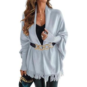 image:imageCHICME Solid Poncho Shawl Wraps Knitted Poncho Cardigan Warm Long Sleeve Cozy Versatile Fringe Sweater CardiganGray