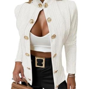 image:imageCHICME Women Argyle Cable Cardigan Casual Lightweight Cropped Coat Stand Collar Long Sleeve Metal Button Front Spring JacketsBeige