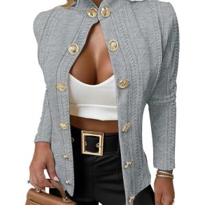 image:imageCHICME Women Argyle Cable Cardigan Casual Lightweight Cropped Coat Stand Collar Long Sleeve Metal Button Front Spring JacketsGray