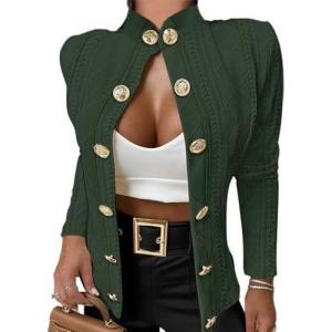 image:imageCHICME Women Argyle Cable Cardigan Casual Lightweight Cropped Coat Stand Collar Long Sleeve Metal Button Front Spring JacketsGreen