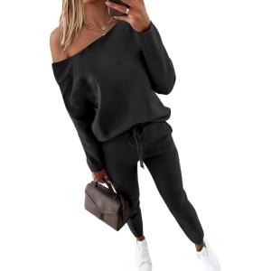 image:imageCHICME Women Tracksuit Fall 2 piece Outfits Off The Shoulder Long Sleeve Tops and Pants Set Travel OutfitsAblack