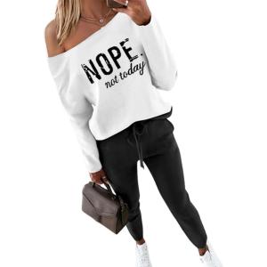 image:imageCHICME Women Tracksuit Fall 2 piece Outfits Off The Shoulder Long Sleeve Tops and Pants Set Travel OutfitsBlack