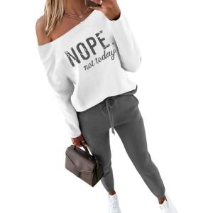 image:imageCHICME Women Tracksuit Fall 2 piece Outfits Off The Shoulder Long Sleeve Tops and Pants Set Travel OutfitsGray