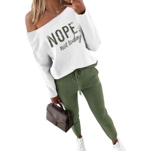 image:imageCHICME Women Tracksuit Fall 2 piece Outfits Off The Shoulder Long Sleeve Tops and Pants Set Travel OutfitsGreen