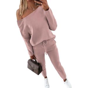 image:imageCHICME Women Tracksuit Fall 2 piece Outfits Off The Shoulder Long Sleeve Tops and Pants Set Travel OutfitsZred Bean