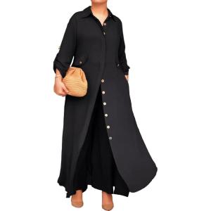 image:imageCHICME Womens 2 Piece Casual Outfits Long Sleeve Button Down Longline Shirt and Wide Leg Pants Set Lounge SetBlack