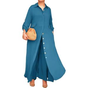image:imageCHICME Womens 2 Piece Casual Outfits Long Sleeve Button Down Longline Shirt and Wide Leg Pants Set Lounge SetTurquoise Blue