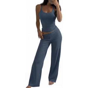 image:imageCHICME Womens 2 Piece Lounge Set U Neck Ribbed Knit Tank Top Pj Loungewear Casual Wide Leg Pants Comfy Matching SetsAblue