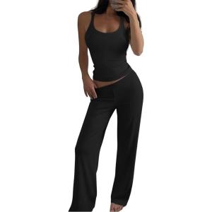 image:imageCHICME Womens 2 Piece Lounge Set U Neck Ribbed Knit Tank Top Pj Loungewear Casual Wide Leg Pants Comfy Matching SetsBlack