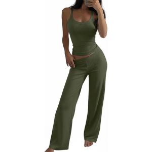 image:imageCHICME Womens 2 Piece Lounge Set U Neck Ribbed Knit Tank Top Pj Loungewear Casual Wide Leg Pants Comfy Matching SetsCarmy Green