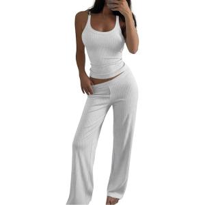 image:imageCHICME Womens 2 Piece Lounge Set U Neck Ribbed Knit Tank Top Pj Loungewear Casual Wide Leg Pants Comfy Matching SetsGrey