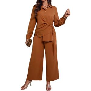 image:imageCHICME Womens 2 Piece Outfit Long Sleeve Drawstring Slit Asymmetrical Hem Top and Elastic Back Waist Wide Leg Pants SetBrown
