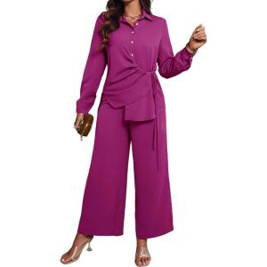 image:imageCHICME Womens 2 Piece Outfit Long Sleeve Drawstring Slit Asymmetrical Hem Top and Elastic Back Waist Wide Leg Pants SetHot Pink