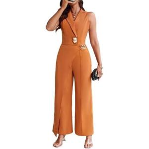 image:imageCHICME Womens 2 Piece Outfit Sleeveless Notched Collar Button Decor Crop Vest and High Waist Wide Leg Pants SetBrown