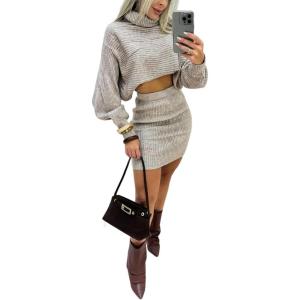 image:imageCHICME Womens 2 Piece Outfits High Neck Batwing Sleeve Sweater and Casual Slim Fit Skirt Set Fall Winter Sweater SetAgray