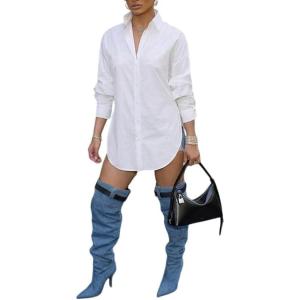 image:imageCHICME Womens Button Down Shirt Collared V Neck Long Sleeve Slit Side Long Blouse Top with Curved HemAwhite