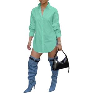 image:imageCHICME Womens Button Down Shirt Collared V Neck Long Sleeve Slit Side Long Blouse Top with Curved HemLight Green