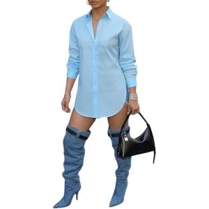 image:imageCHICME Womens Button Down Shirt Collared V Neck Long Sleeve Slit Side Long Blouse Top with Curved HemLighted Blue
