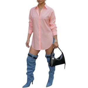 image:imageCHICME Womens Button Down Shirt Collared V Neck Long Sleeve Slit Side Long Blouse Top with Curved HemPink