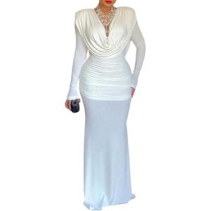 image:imageCHICME Womens Cowl Neck Ruched Slim Fit Maxi Dress Long Sleeve Backless Evening Wedding Guest Bodycon DressAwhite
