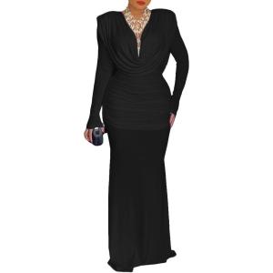 image:imageCHICME Womens Cowl Neck Ruched Slim Fit Maxi Dress Long Sleeve Backless Evening Wedding Guest Bodycon DressBlack