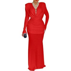 image:imageCHICME Womens Cowl Neck Ruched Slim Fit Maxi Dress Long Sleeve Backless Evening Wedding Guest Bodycon DressRed