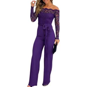 image:imageCHICME Womens Dressy Jumpsuits Casual One Piece Outfits Off Shoulder Lace Trim Overalls Straight Leg PantsDark Purple