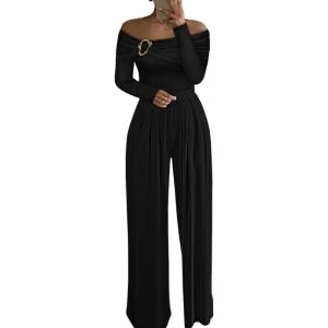 image:imageCHICME Womens Dressy Long Sleeve Jumpsuit Fall Off Shoulder Ruched Buckle Decor Cocktail Wide Leg JumpsuitAblack