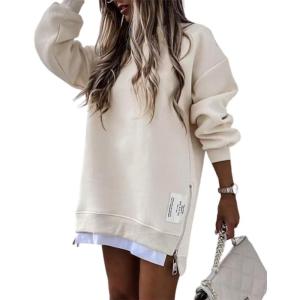 image:imageCHICME Womens Long Sleeve Zipper Slit Oversized Sweatshirt Casual Pullover Zipper Hoodies Fall ClothesApricot