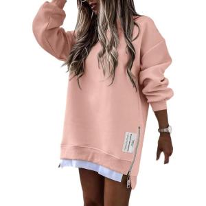 image:imageCHICME Womens Long Sleeve Zipper Slit Oversized Sweatshirt Casual Pullover Zipper Hoodies Fall ClothesLight Pink