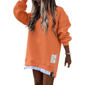 image:imageCHICME Womens Long Sleeve Zipper Slit Oversized Sweatshirt Casual Pullover Zipper Hoodies Fall ClothesOrange