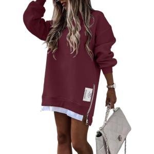 image:imageCHICME Womens Long Sleeve Zipper Slit Oversized Sweatshirt Casual Pullover Zipper Hoodies Fall ClothesWine Red