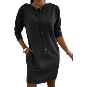 image:imageCHICME Womens Sweatshirt Dress Casual 34 Sleeve Mini Dress Stand Collar Drawstring Pullover Tunic Top with PocketsBlack