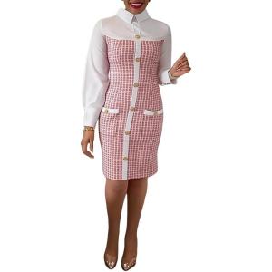 image:imageCHICME Womens Work Bodycon Dresses Button Decor Tweed Patch Pencil Midi Dress Elegant Office Outfits with PocketsAred
