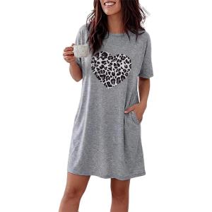 image:imageCHICME Nightgowns for Women Short Sleeve Sleep Shirts Casual Loose Printed Sleep Dress Soft Sleepwear with PocketsGray