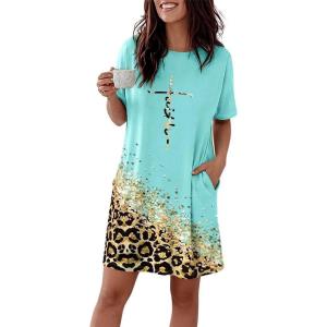 image:imageCHICME Nightgowns for Women Short Sleeve Sleep Shirts Casual Loose Printed Sleep Dress Soft Sleepwear with PocketsLeopard Green
