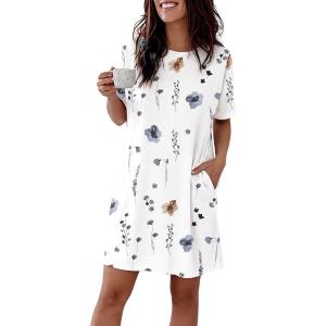 image:imageCHICME Nightgowns for Women Short Sleeve Sleep Shirts Casual Loose Printed Sleep Dress Soft Sleepwear with PocketsWhite